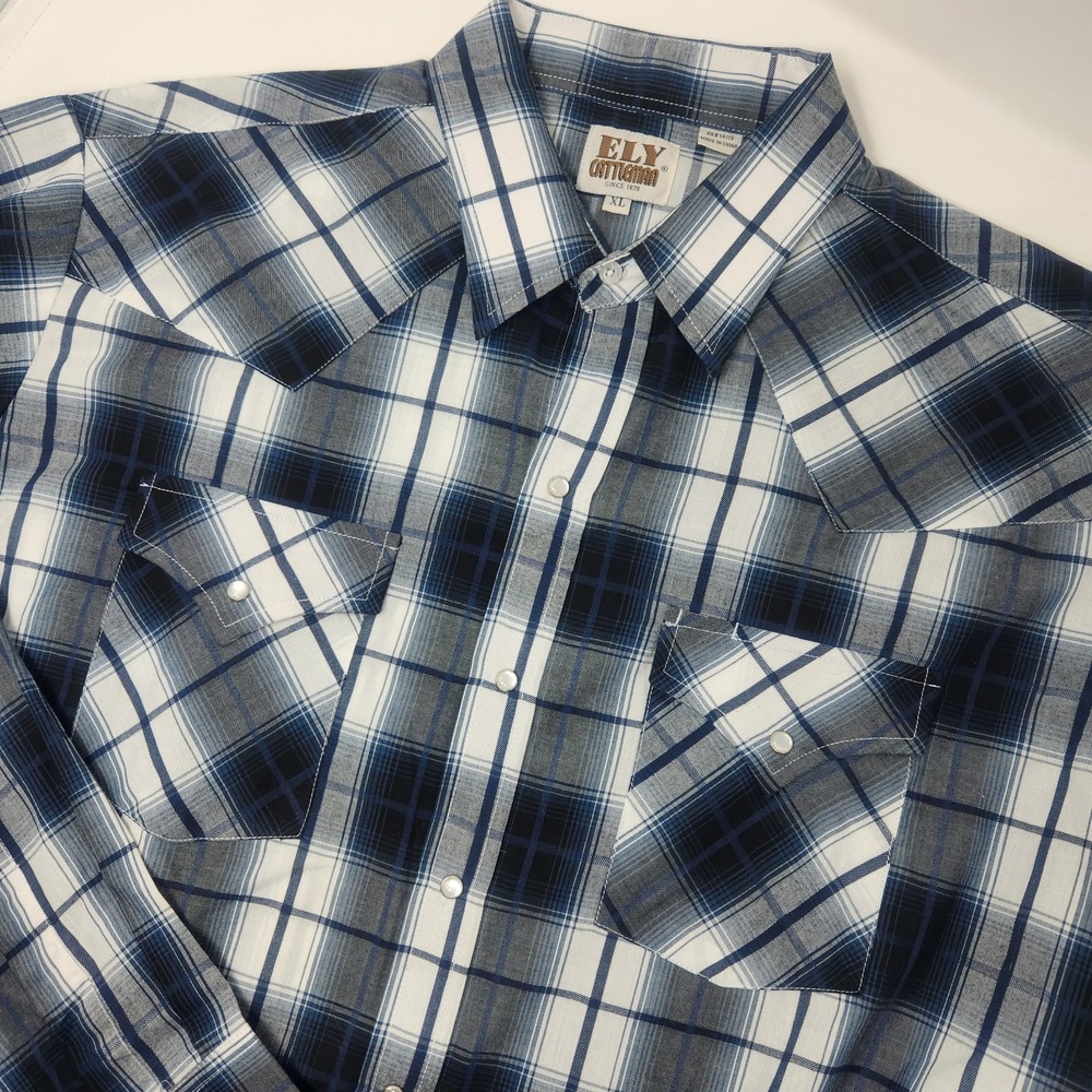 Fly Cattleman Long Sleeve Western Shirt Mens XL Pearl Snap Blue Plaid Cowboy
